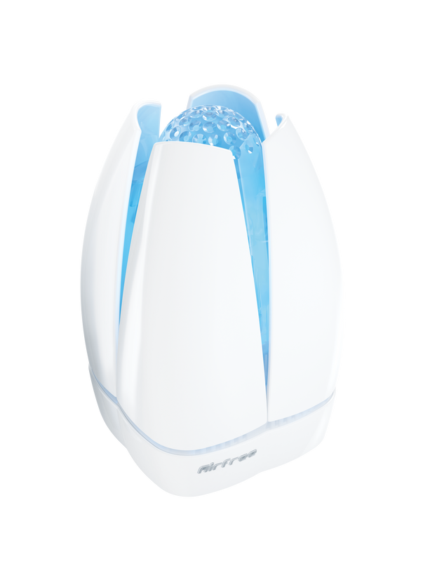 Airfree Lotus weisser Luftreiniger, geräuschlos, tragbar, für Räume bis 60 m², effiziente Luftsterilisierung.