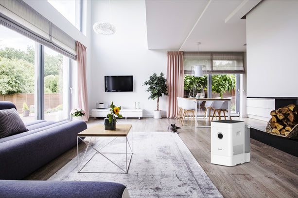 Boneco H400 HYBRID Luftbefeuchter und Luftreiniger mit kompakt elegantem Design und einfacher Bedienung per Knopfdruck.
