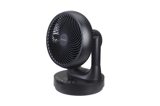 Der ecoQ SilentAir Tavo Tischventilator in Schwarz mit 3 Steuerungsmöglichkeiten, Smart-Modus und Schwenkfunktion.