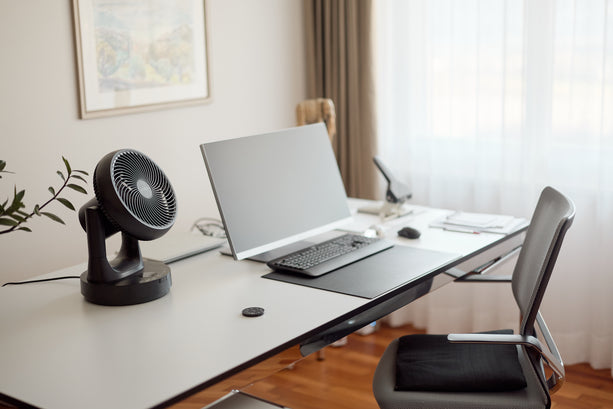ecoQ SilentAir Tavo Tischventilator in Schwarz mit Fernbedienung und Smart-Modus für angenehme Kühlung.