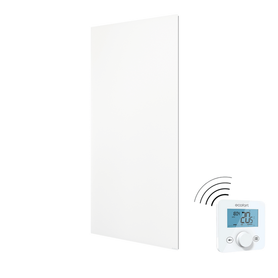 ecoheat Vitrea 780: Infrarotheizung mit Glasfront und Funkempfänger. Starke Leistung, elegantes Design – ideal für Wohnräume mit Stilanspruch.