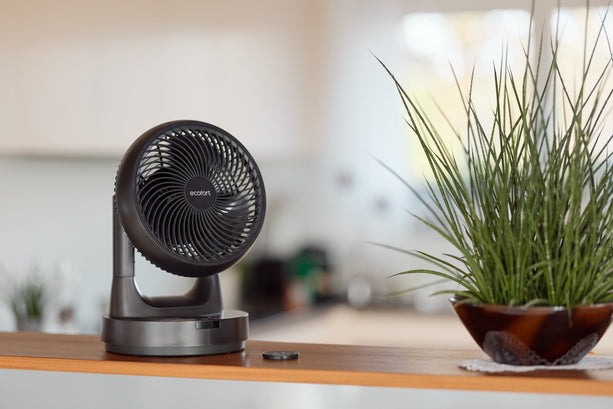 ecoQ SilentAir Tavo in Schwarz, Tischventilator mit Smart-Modus, vertikaler und horizontaler Schwenkfunktion.