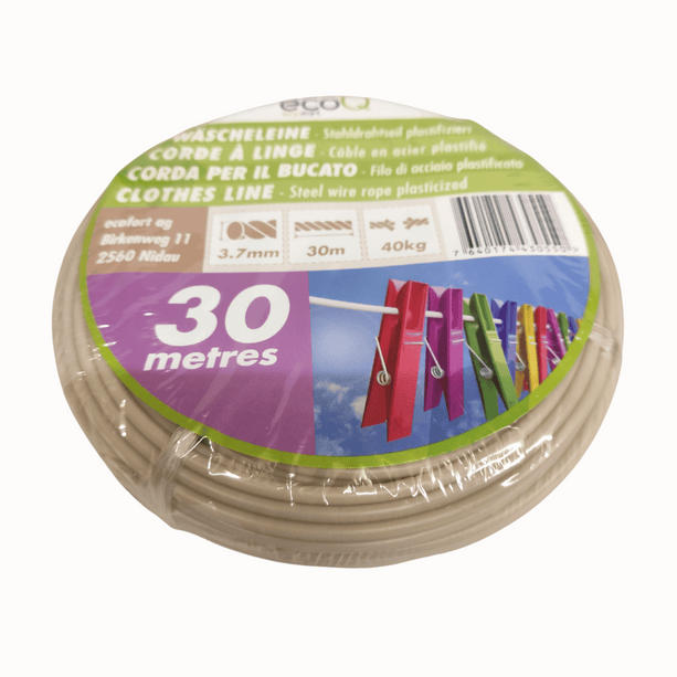 ecoQ Wäscheleine 30 Meter aus UV-resistentem Kunststoff mit extra robustem Drahtseil