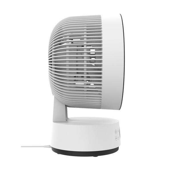 Meaco Sefte Tischventilator mit verstecktem Tragegriff und leuchtender Fernbedienung.
