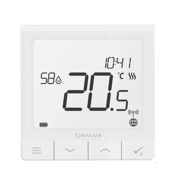 Salus Smart Home SQ610 Quantum Thermostat mit grossem blau hinterleuchtetem Display und WiFi Steuerung.