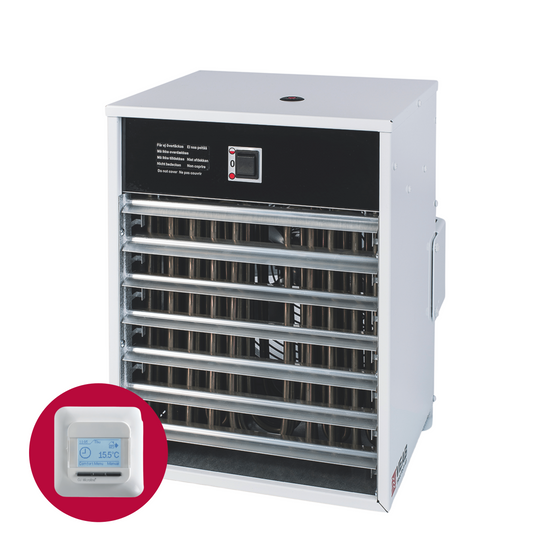 Elektro-Heizlüfter Veab ENV-L 15 kW, wandmontierbar, mit externem Thermostat, IP44 Schutzklasse, verstellbare Luftrichtung.