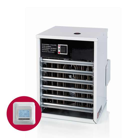 Elektro-Heizlüfter Veab ENV-L 5 kW mit Wandhalterung, geeignet für feuchte Räume und ausgestattet mit Raumthermostat.