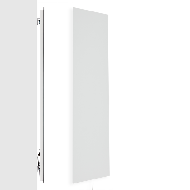 Niedrigenergie-Infrarotheizung ZenSwiss 570W in Matt Weiss, elegant und platzsparend, 40 cm x 170 cm.