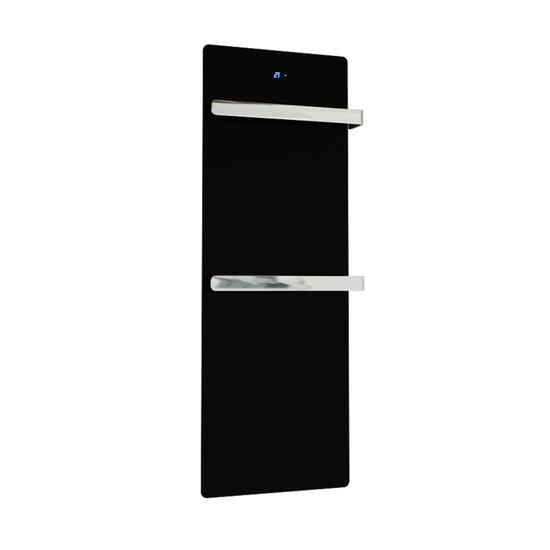 ZenSwiss furo Handtuchtrockner in Glanz Schwarz mit hochwertiger Glasfront und integrierter Touch-Steuerung.