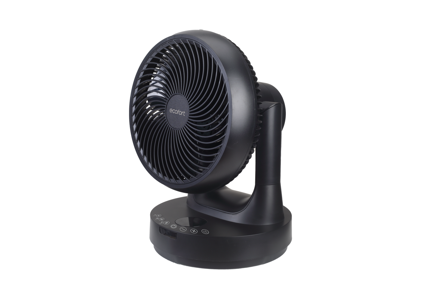 Der ecoQ SilentAir Tavo Tischventilator in Schwarz mit 3 Steuerungsmöglichkeiten, Smart-Modus und Schwenkfunktion.