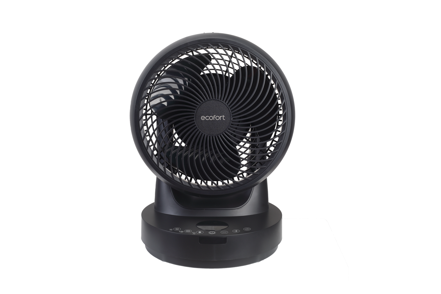 Tischventilator ecoQ SilentAir Tavo in Schwarz mit Fernbedienung und Smart-Modus.
