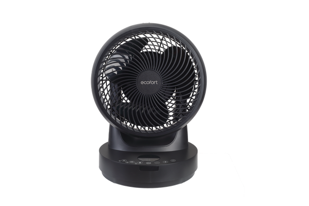 Tischventilator ecoQ SilentAir Tavo in Schwarz mit Fernbedienung und Smart-Modus.