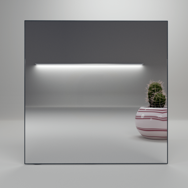 Infrarot-Heizpanel ecoheat Specchio 400 W in 60x60 cm mit glatter Spiegeloberfläche und rahmenlosem Design.