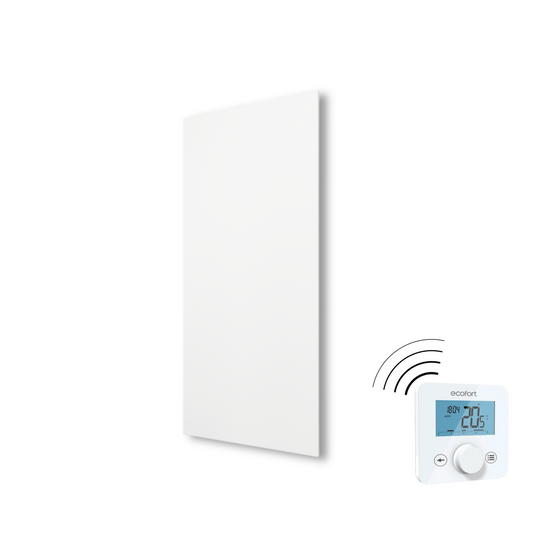ecoheat Aura 550: Flache Infrarotheizung mit Funkempfänger – effiziente Strahlungswärme für Wohnräume, Bad oder Büro. Elegant, platzsparend, komfortabel.