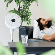 Hochleistungs Standventilator ecoQ SilentAir Uno mit Höhenverstellung und timer, ultra-leise im Betrieb.