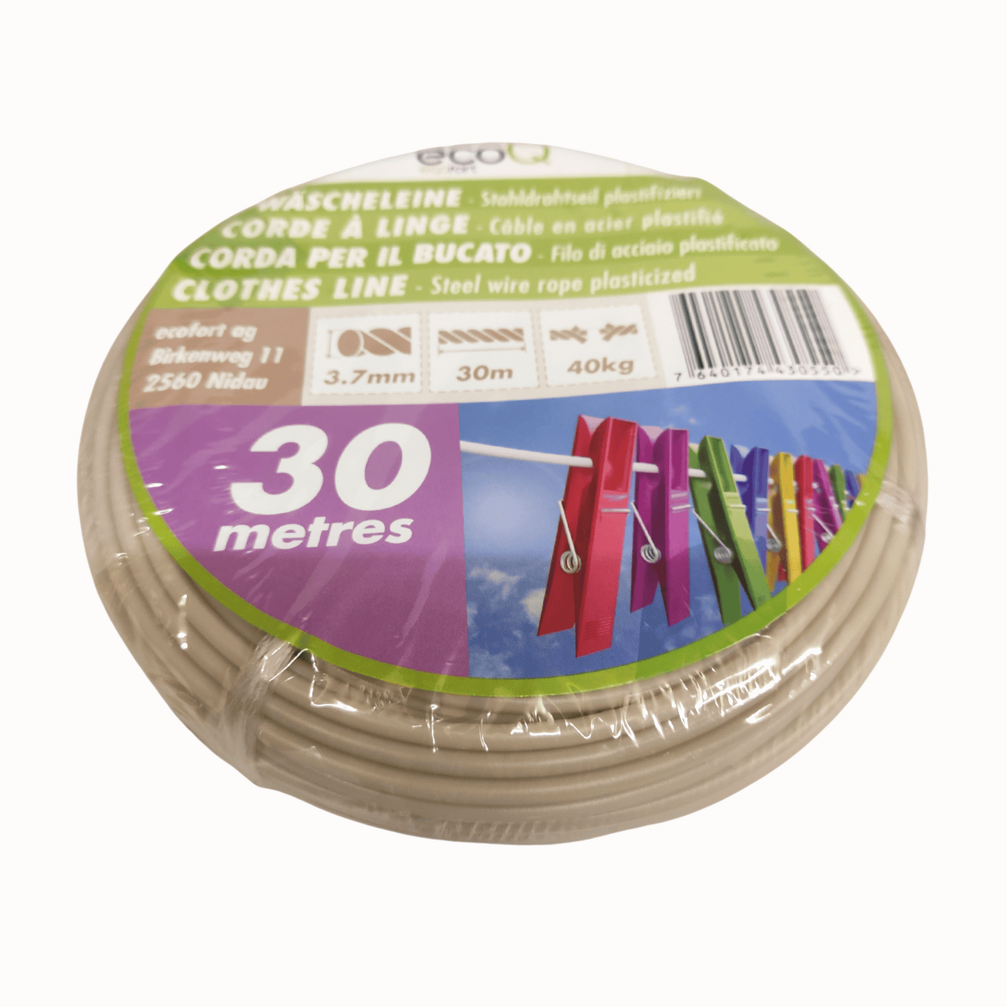 ecoQ Wäscheleine 30 Meter aus UV-resistentem Kunststoff mit extra robustem Drahtseil