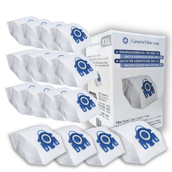 GenericFilter Staubsaugerbeutel für Miele GN, 16 Stück, mit Motorschutzfilter und AirClean Luftfilter.