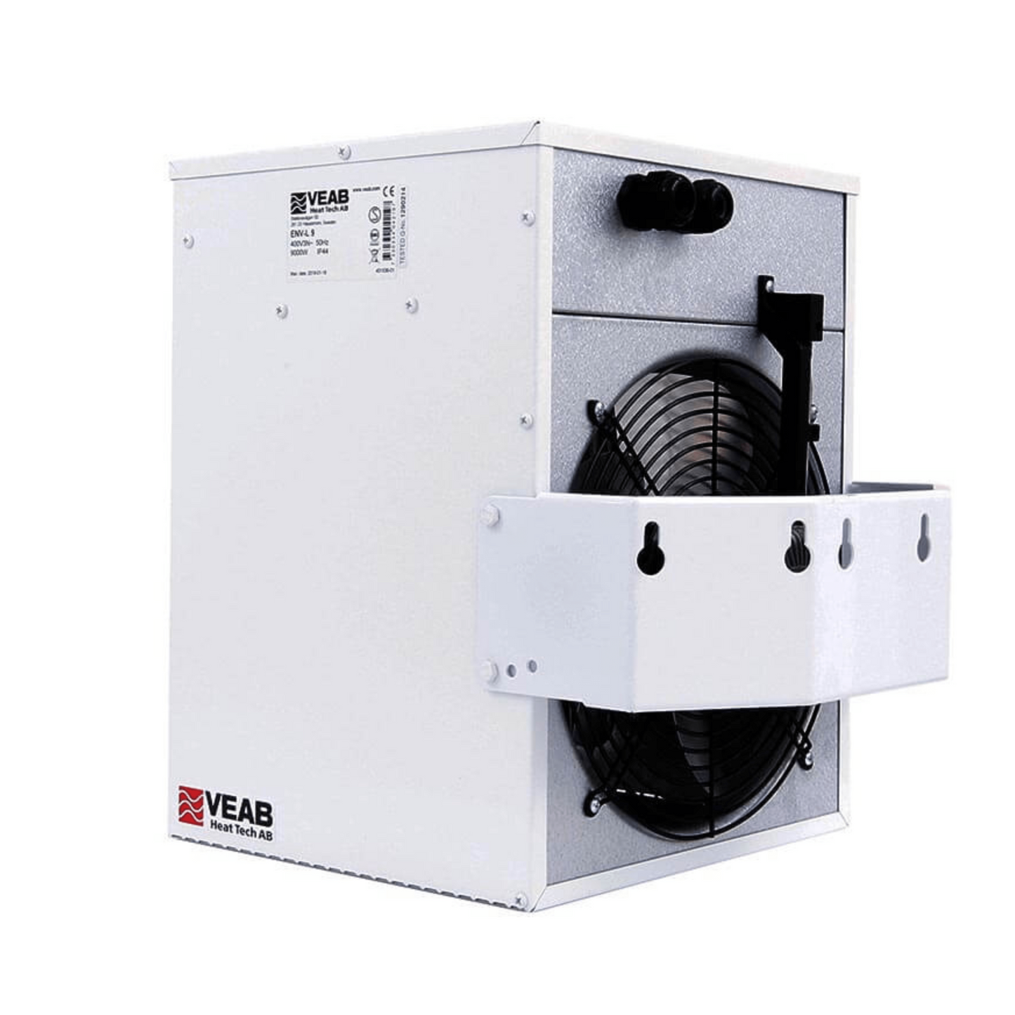 Elektro Heizlüfter Veab ENV-L 15 kW mit Wandhalterung und einstellbarem Luftausblas, geeignet für feuchte Räume.
