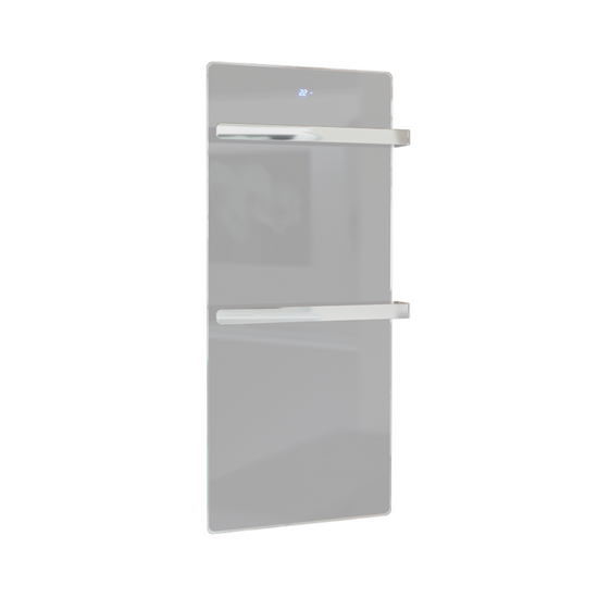 ZenSwiss Handtuchtrockner in Glanz Weiss, 52 x 120 cm, mit integrierter Touch-Steuerung und zwei Handtuchhaltern.