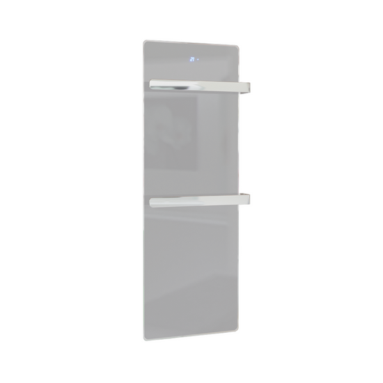 ZenSwiss furo Handtuchtrockner in Glanz Weiss, flaches Design mit zwei Handtuchhaltern und integrierter Touch-Steuerung.